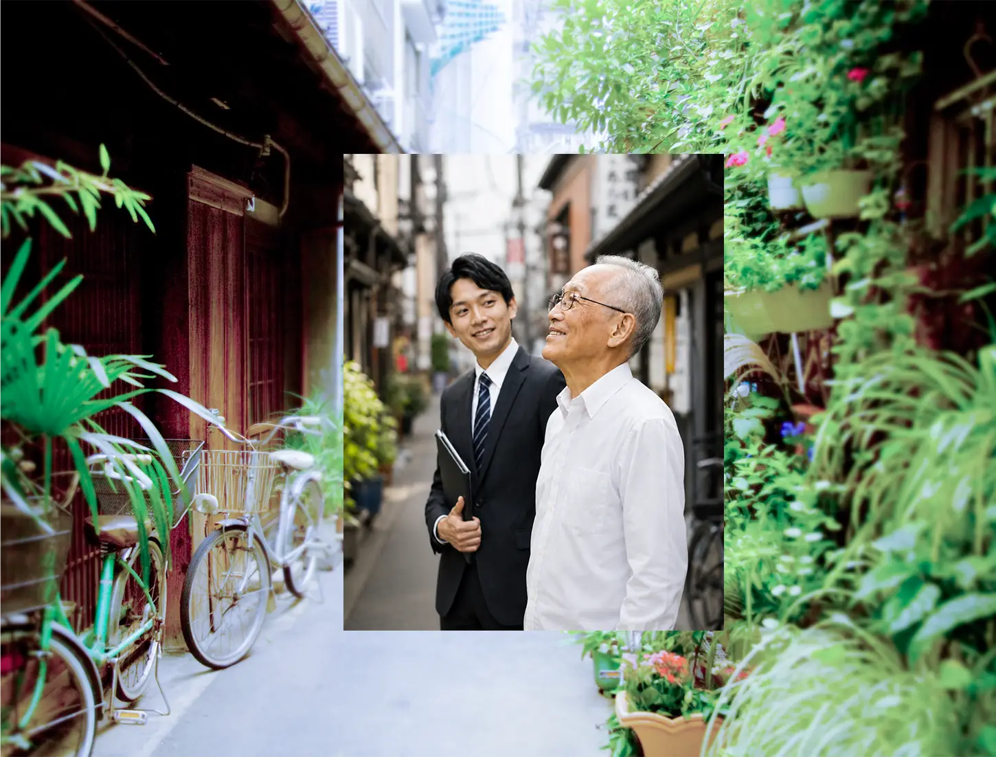 コンサルタントとオーナーが住宅街で会話する様子